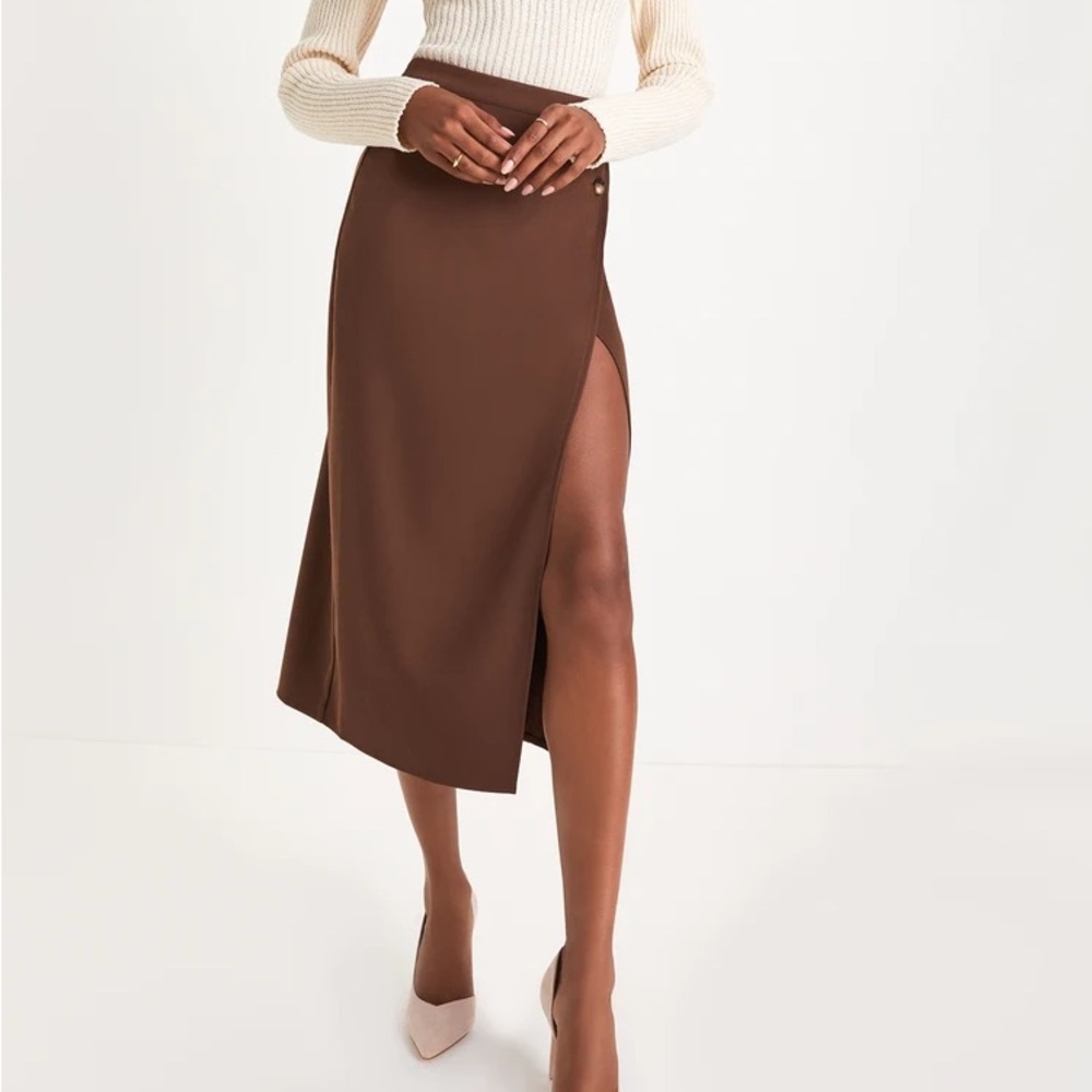 Brown Twill Button Wrap Midi Skirt - Picture 2 of 5